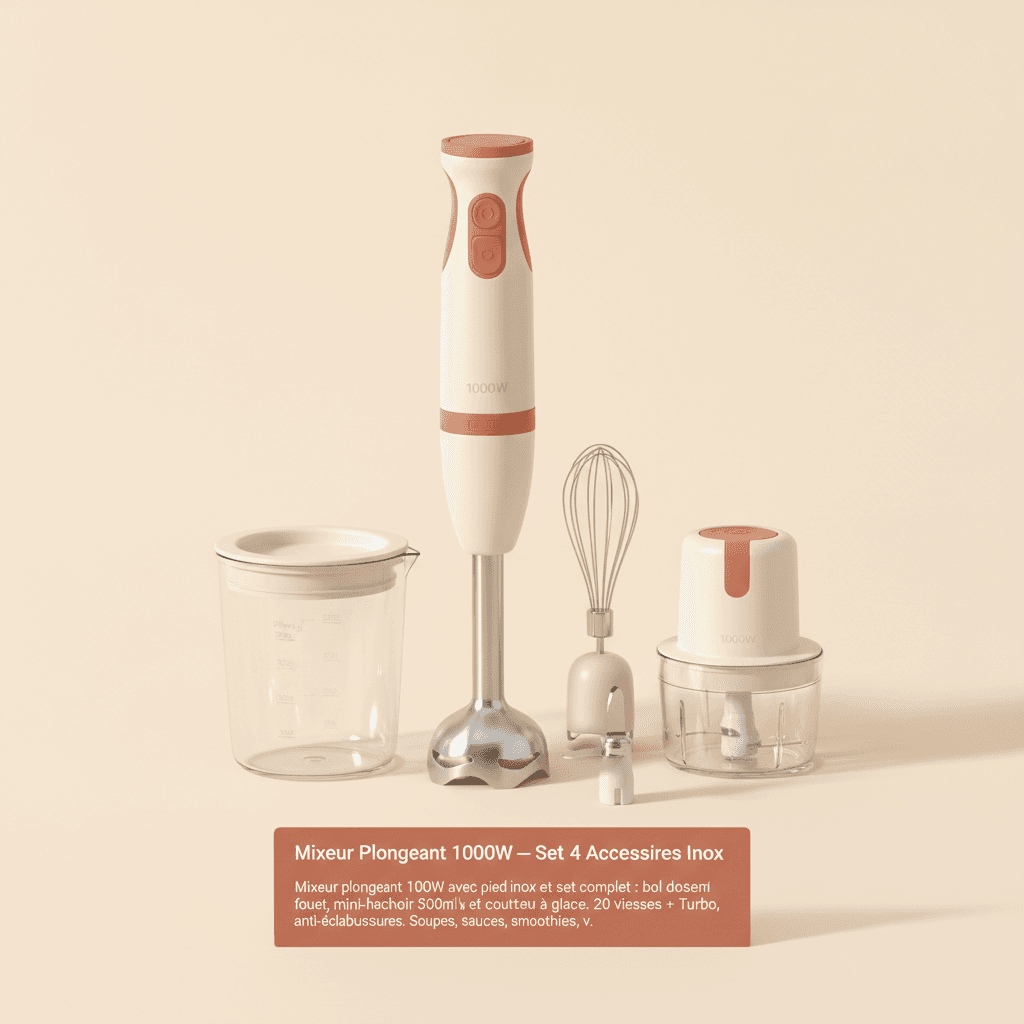 Mixeur Plongeant 1000W — Set 4 Accessoires Inox - Image 1